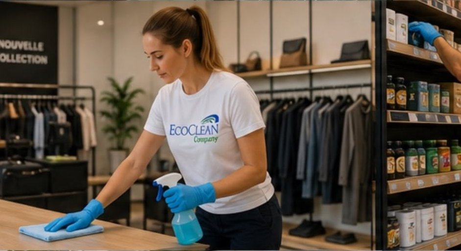 Agente EcoClean désinfectant le comptoir d'un commerce