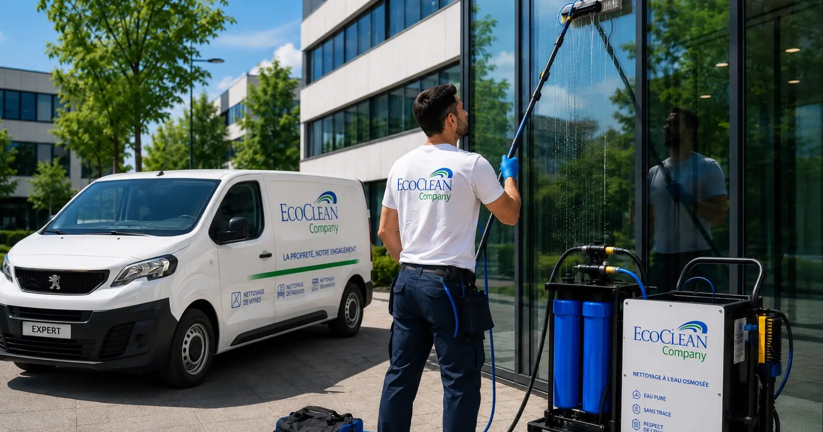 EcoClean Company : nettoyage professionnel de vitres à l'eau osmosée devant la camionnette Peugeot Expert floquée en Belgique