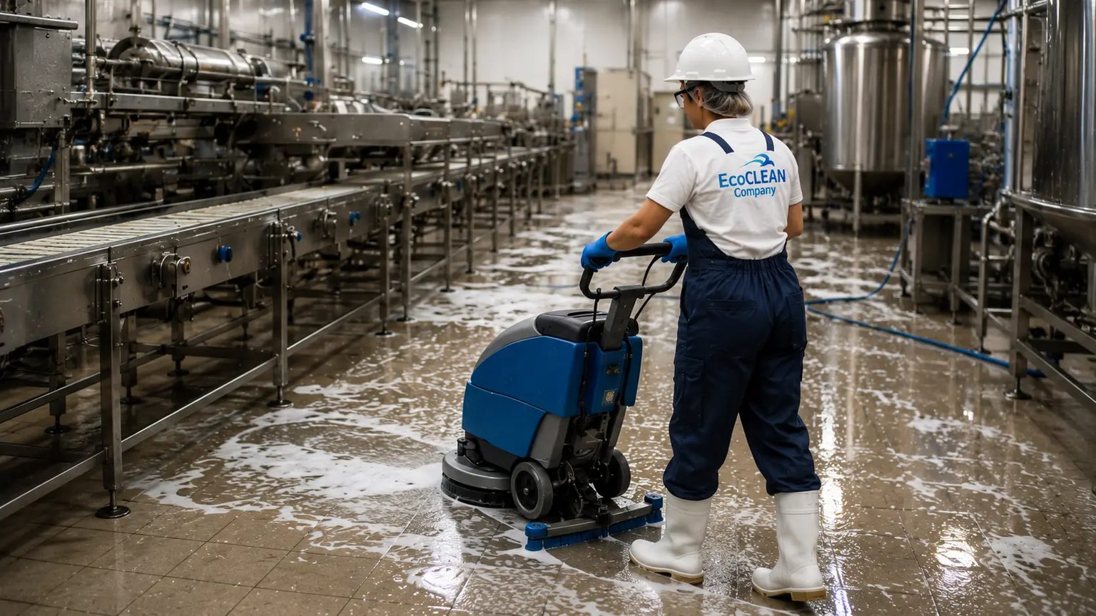 Agente EcoClean nettoyant le sol d'une usine agroalimentaire avec une autolaveuse professionnelle, casque et bottes de sécurité