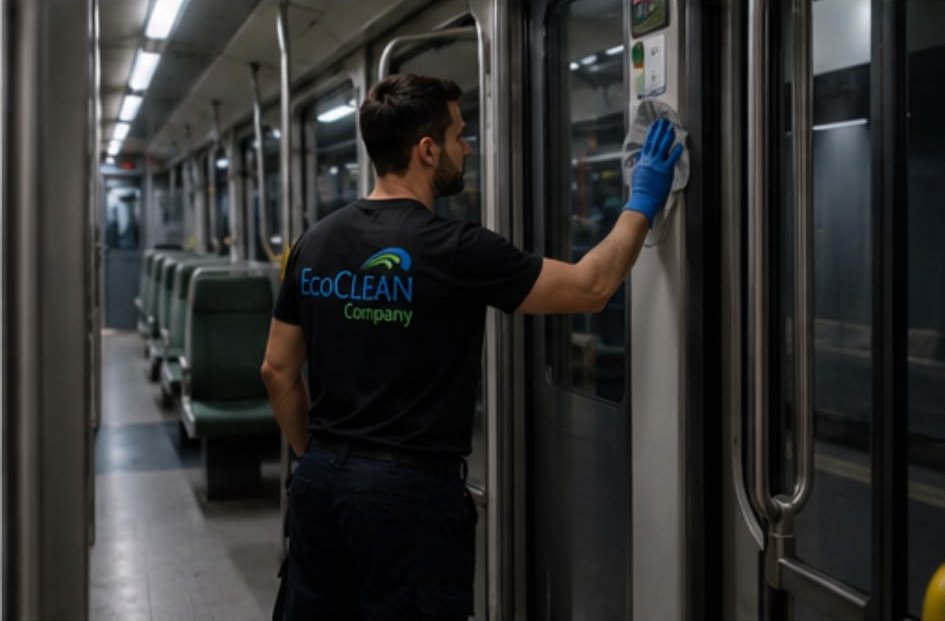 Agent EcoClean désinfectant les surfaces d'une rame de métro